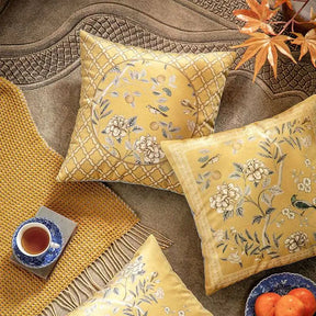 Chinoiserie Original Yellow Flowers and Birds Throw Pillow Autumn Abundance