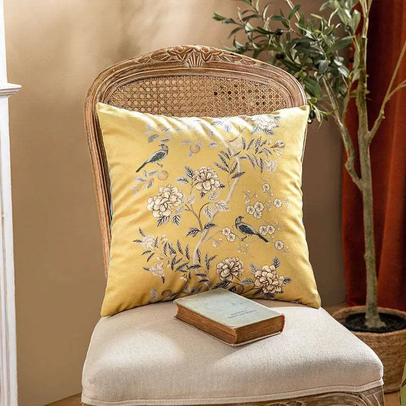 Chinoiserie Original Yellow Flowers and Birds Throw Pillow Autumn Abundance