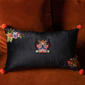 Chinoiserie Original Handmade Embroidery Dragon Velvet Lumbar Pillow