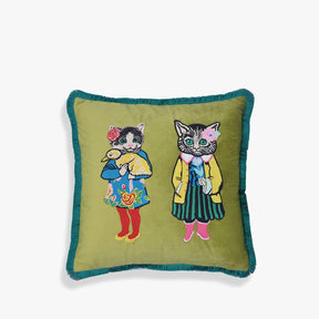 Chinoiserie Original Handmade Embroidery Velvet Throw Pillow Miss Kitty