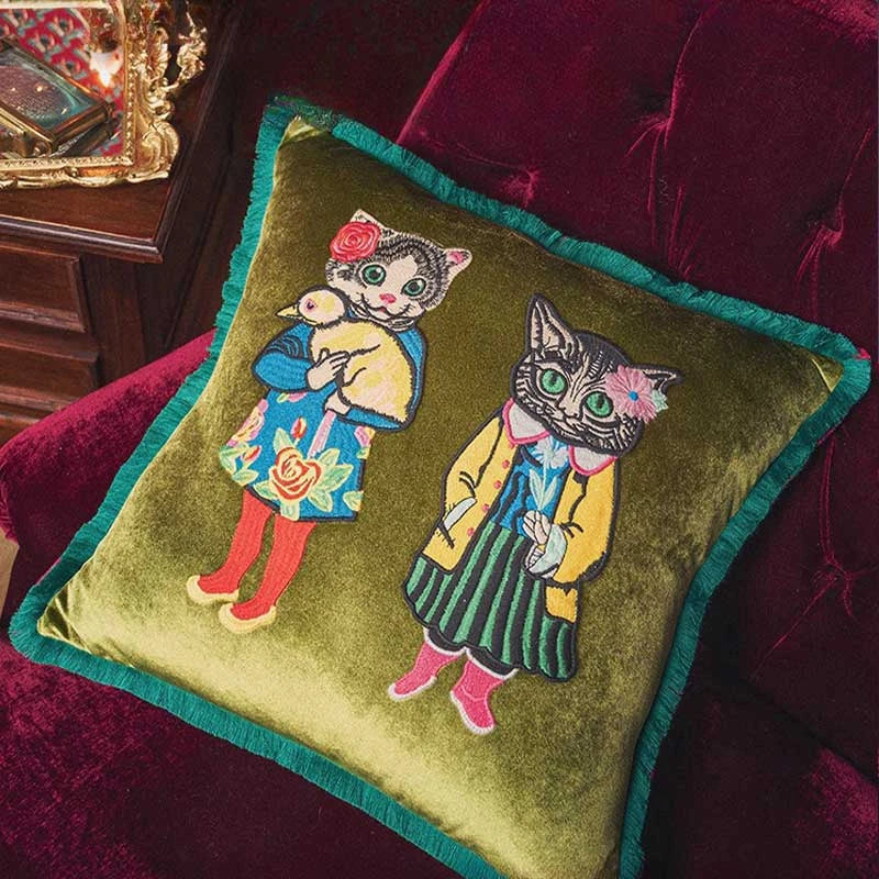 Chinoiserie Original Handmade Embroidered Miss Kitty Velvet Throw Pillow