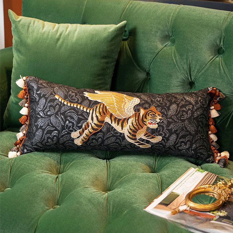 Chinoiserie Original Handmade Embroidered Tiger Lumbar Pillow