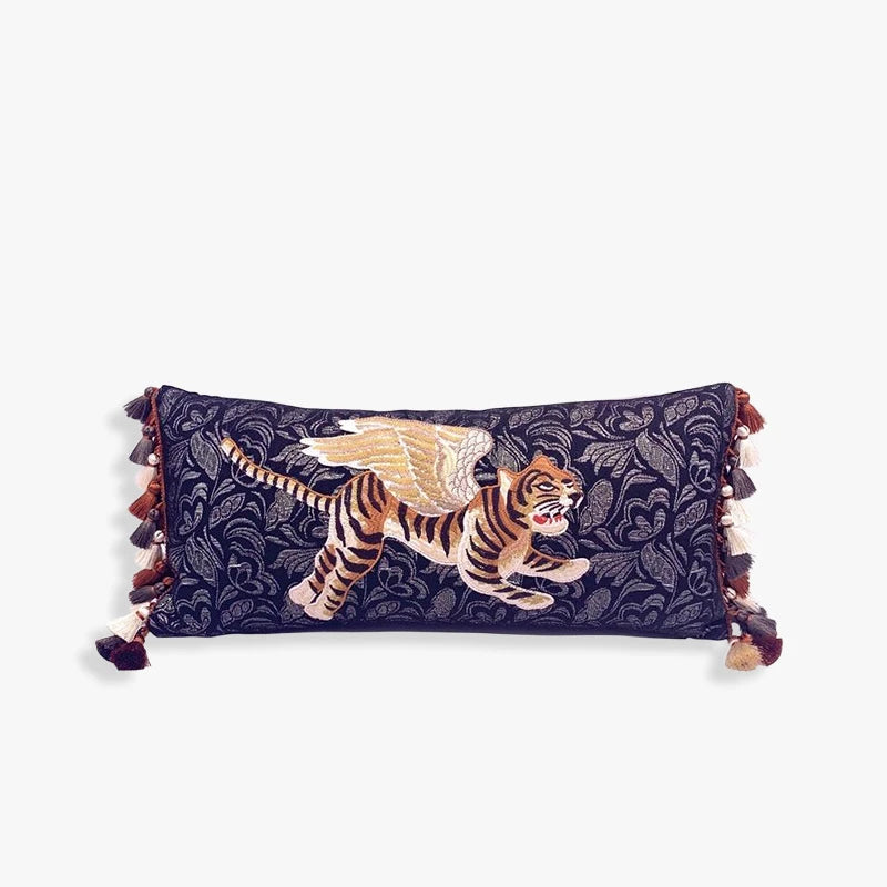 Chinoiserie Original Handmade Embroidered Tiger Lumbar Pillow