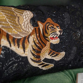 Chinoiserie Original Handmade Embroidered Lumbar Pillow Flying Tiger