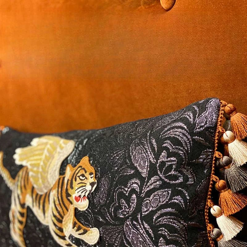 Chinoiserie Original Handmade Embroidered Lumbar Pillow Flying Tiger