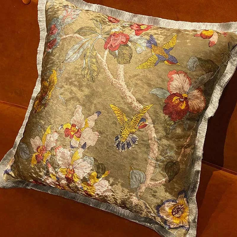 Chinoiserie Vintage Velvet Throw Pillow Floral and Botanical