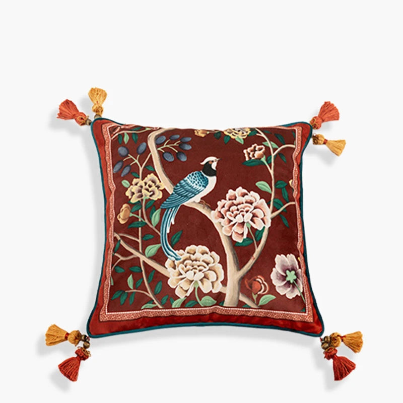 Chinoiserie Wedding Flower and Bird Throw Pillow Joyful Red Celebration