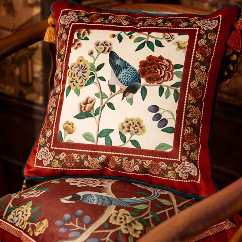 Chinoiserie Wedding Red Unconventional Flower and Bird Throw Pillow