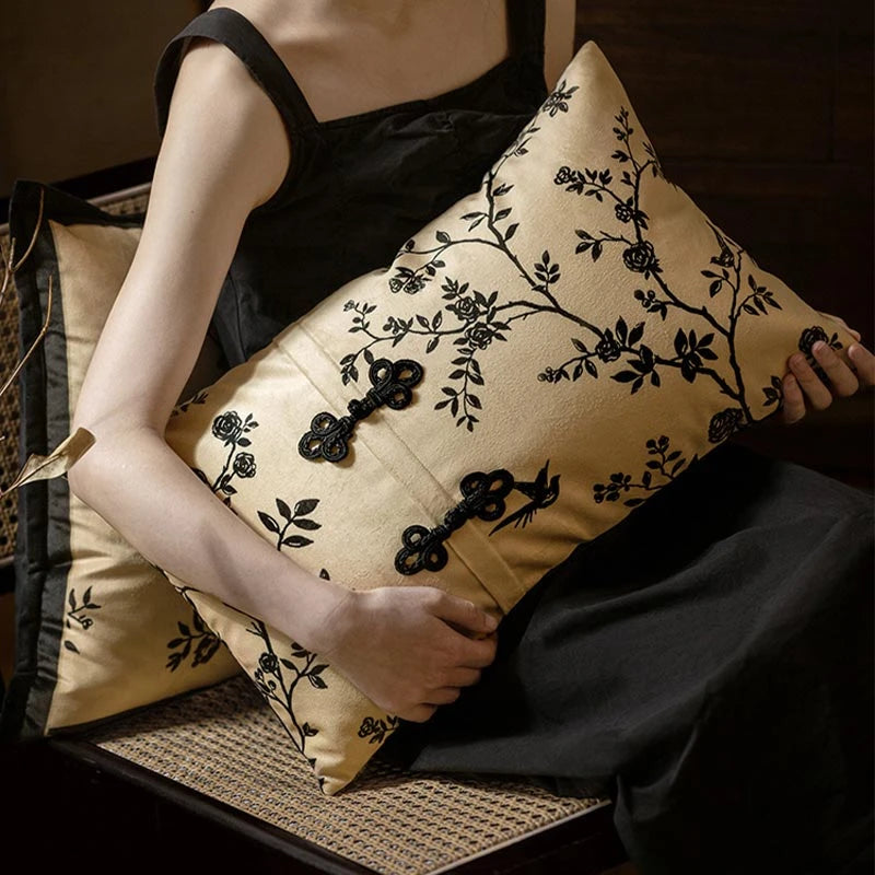 Chinoiserie Original Vintage Plush Ink Flower Throw Pillow Cushion