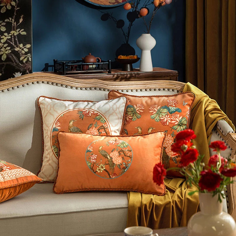 Chinoiserie Sofa Cushion Pillow Orange Hydrangea Dream