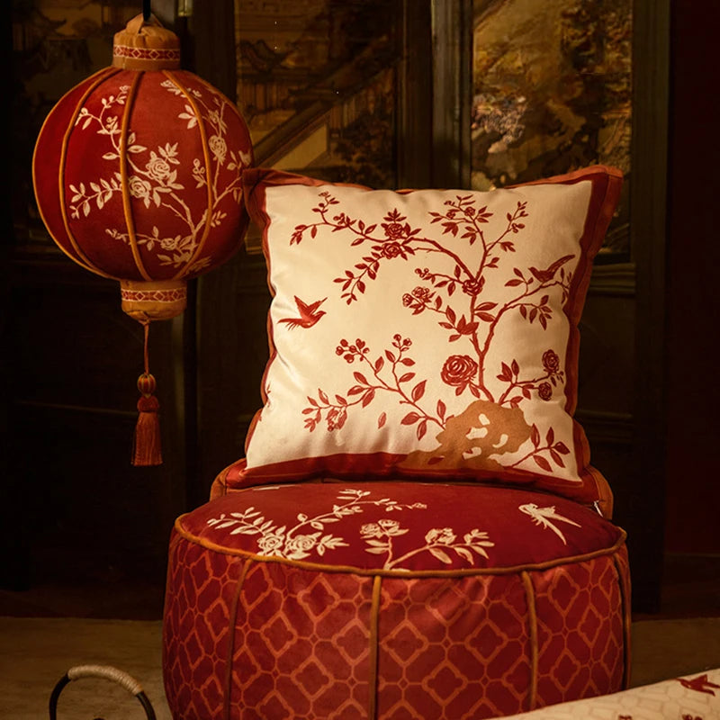 Chinoiserie Red Flower and Birds Elegance Throw Pillow