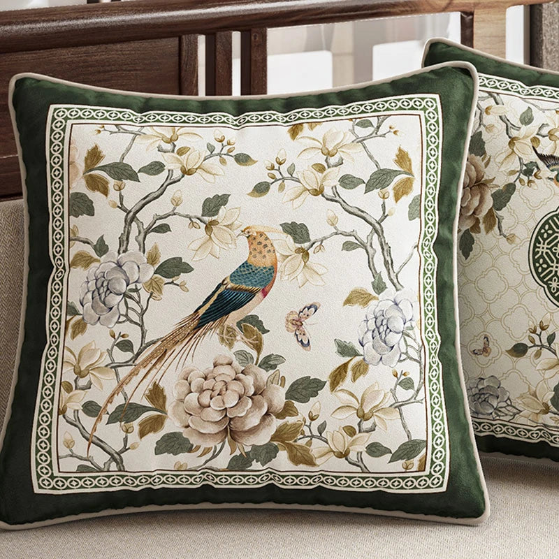 Chinoiserie Flower and Bird Elegance Pillow Cushion Emerald Spring Elegance