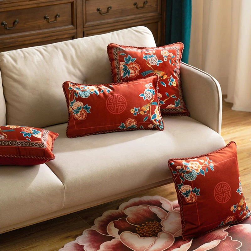 Chinoiserie Oriental Elegance Red Pillow Cushion Floral Reverie