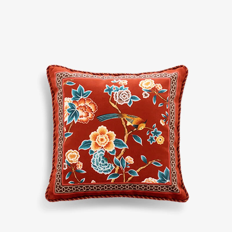 Chinoiserie Oriental Elegance Red Pillow Cushion Floral Reverie