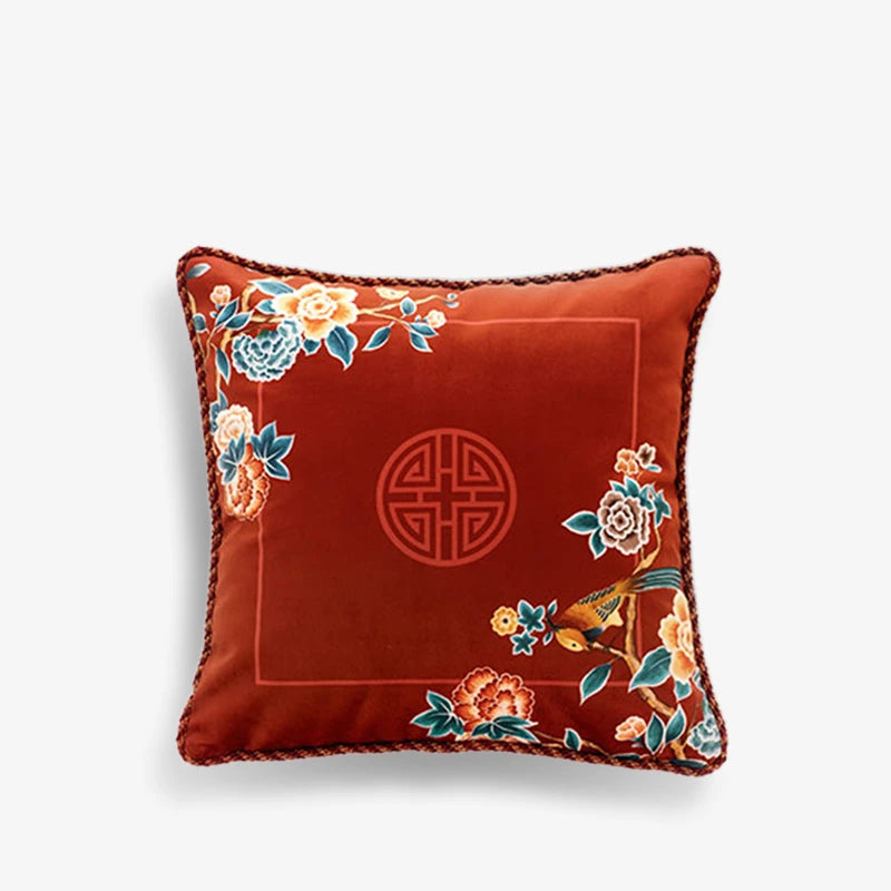 Chinoiserie Oriental Elegance Red Pillow Cushion Floral Reverie