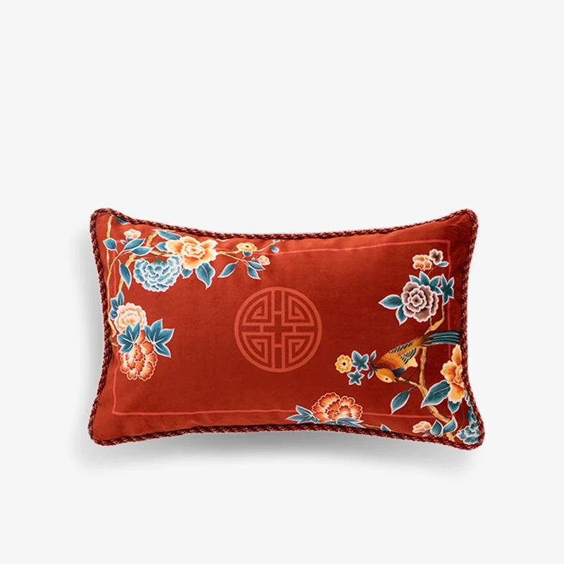 Chinoiserie Oriental Elegance Red Pillow Cushion Floral Reverie