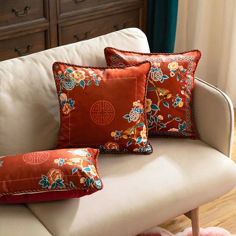 Chinoiserie Oriental Elegance Red Pillow Cushion Floral Reverie