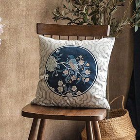 Chinoiserie Original Flowers and Birds Throw Pillow Blue and White