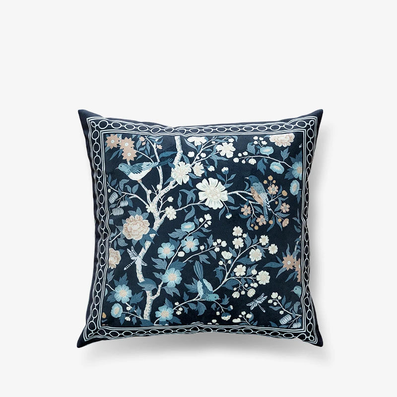 Chinoiserie Original Flowers and Birds Throw Pillow Blue and White