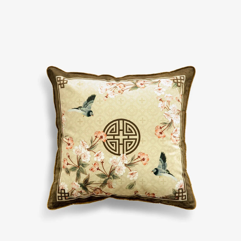 Chinoiserie Original Flowers and Birds Throw Pillow