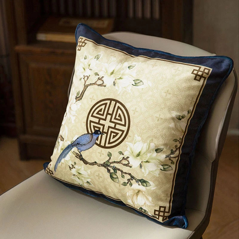 Chinoiserie Original Flowers and Birds Throw Pillow