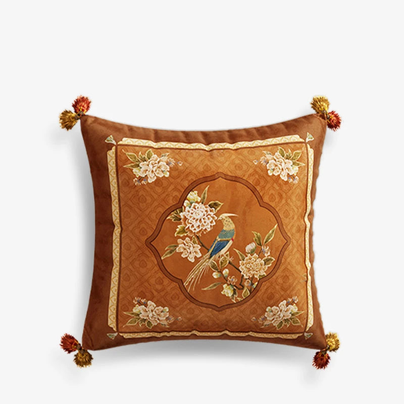 Chinoiserie Original Flowers and Birds Throw Pillow Orange Melody