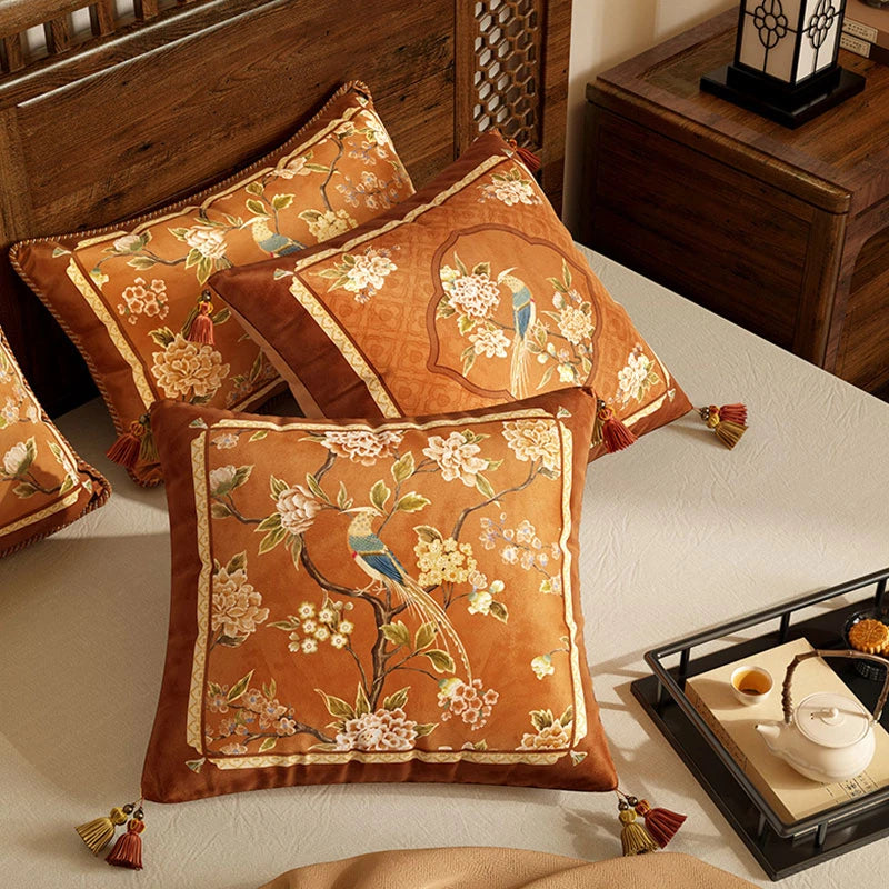 Chinoiserie Original Flowers and Birds Throw Pillow Orange Melody