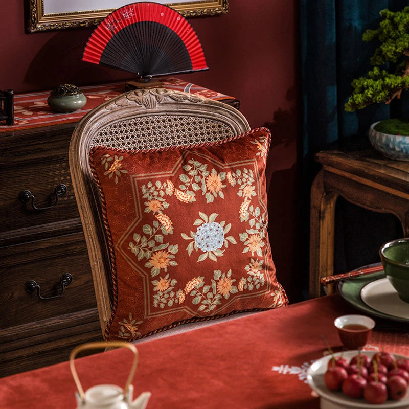 Chinoiserie Red Chrysanthemum Elegance Pillow Cushion