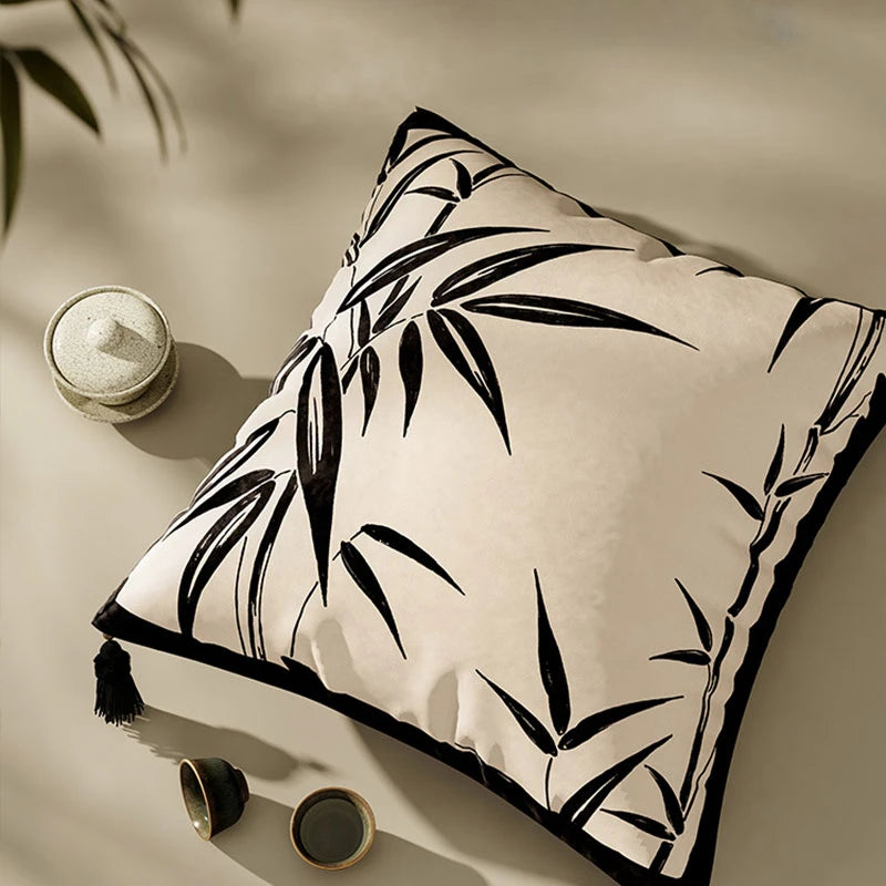 Chinoiserie Oriental Traditiona White Bamboo Pillow Cushion