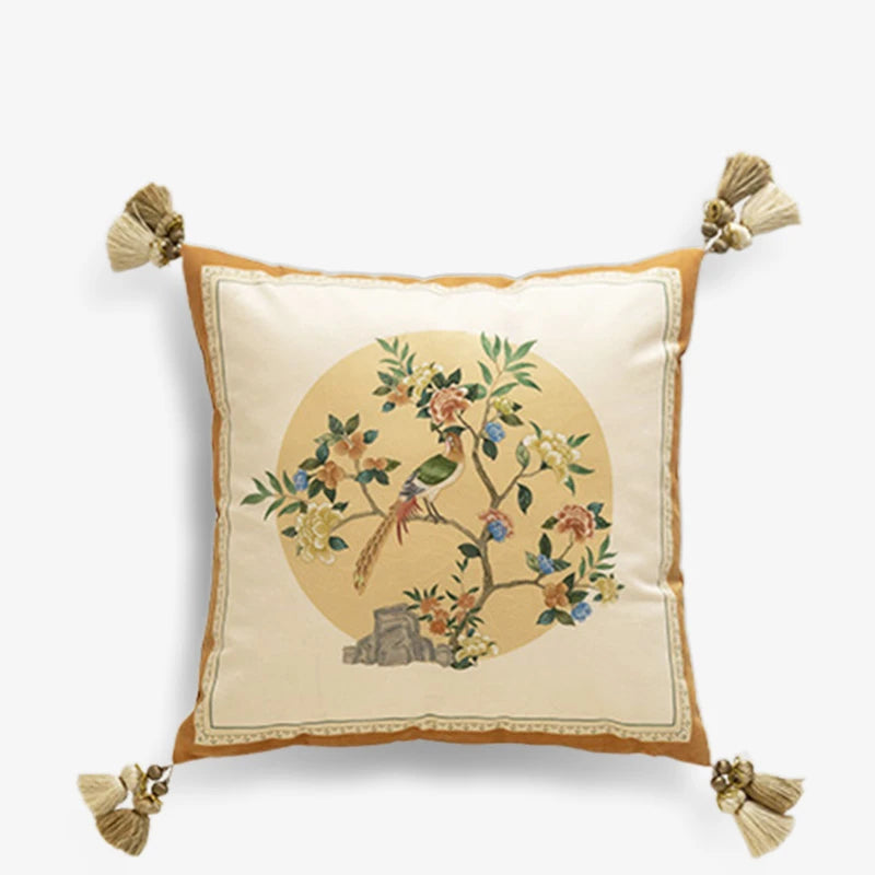 Chinoiserie Original Flowers and Birds Throw Pillow