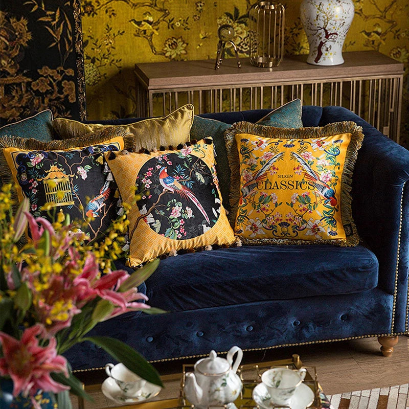 Chinoiserie Yellow Retro Flowers and Birds  Throw Pillow