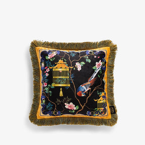 Chinoiserie Yellow Retro Flowers and Birds  Throw Pillow