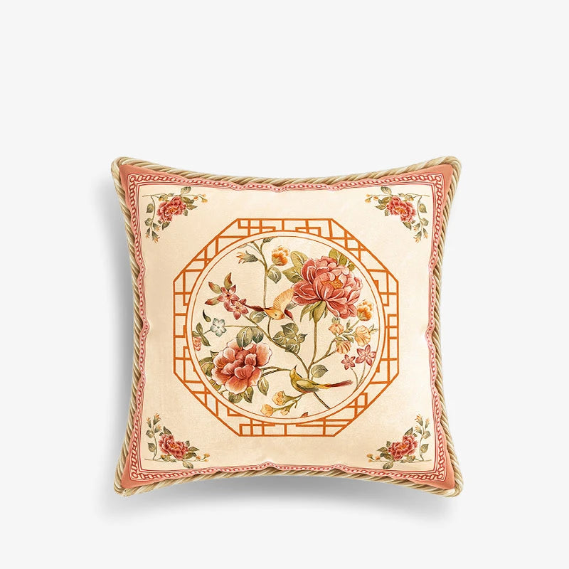 Chinoiserie Original Flowers and Birds Throw Pillow