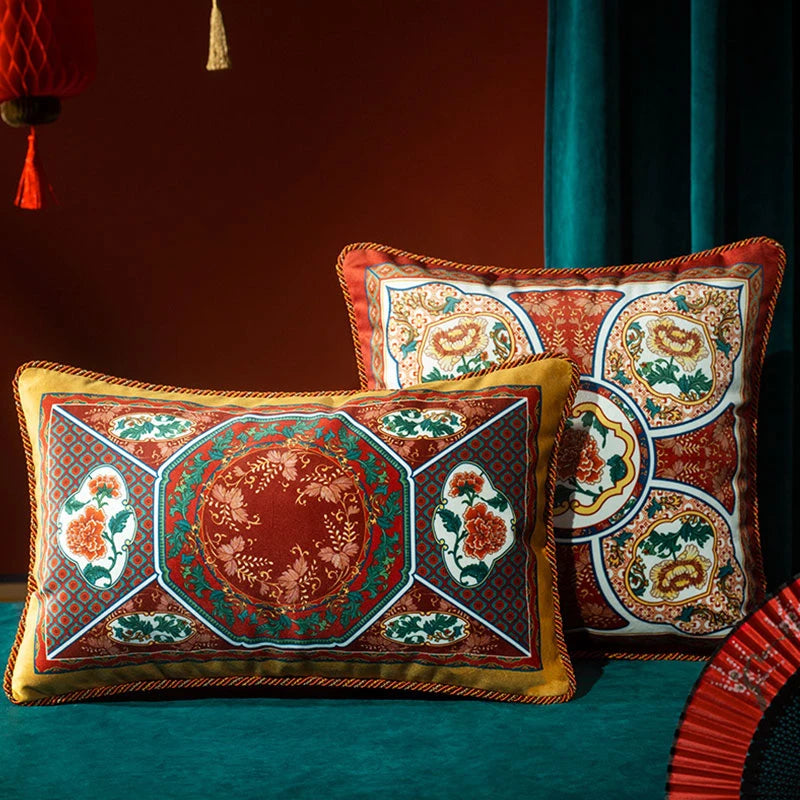 Chinoiserie Red-Yellow Classic Retro Luxurious Throw Pillow