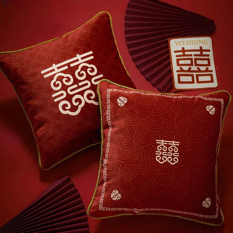 Chinoiserie Original Joyful Red Wedding Celebration Pillow