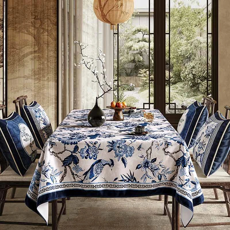 Chinoiserie Vintage Blue and White Tablecloth