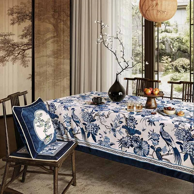 Chinoiserie Vintage Blue and White Tablecloth