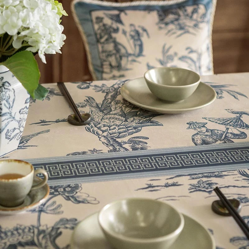 Chinoiserie Vintage Blue and White Tablecloth