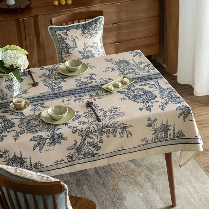 Chinoiserie Vintage Blue and White Tablecloth