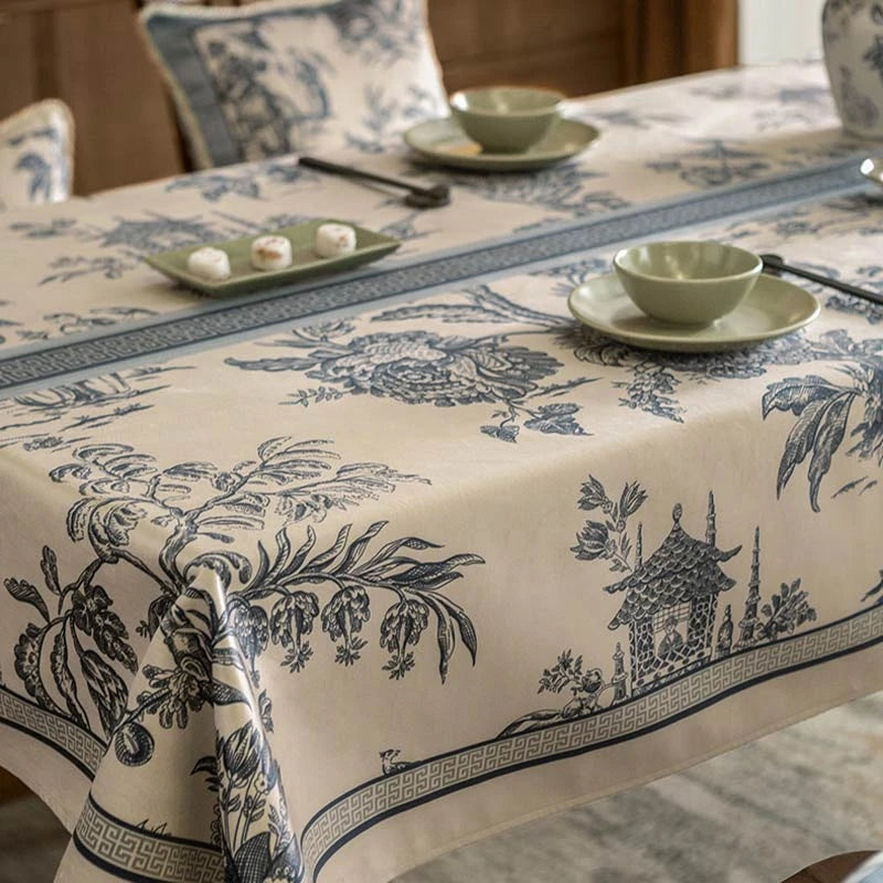 Chinoiserie Vintage Blue and White Tablecloth