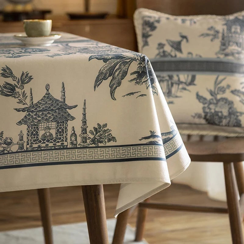 Chinoiserie Vintage Blue and White Tablecloth