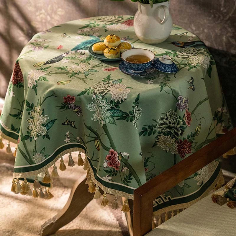 Chinoiserie Retro Floral Tassel Round Tablecloth