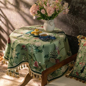 Chinoiserie Retro Floral Tassel Round Tablecloth