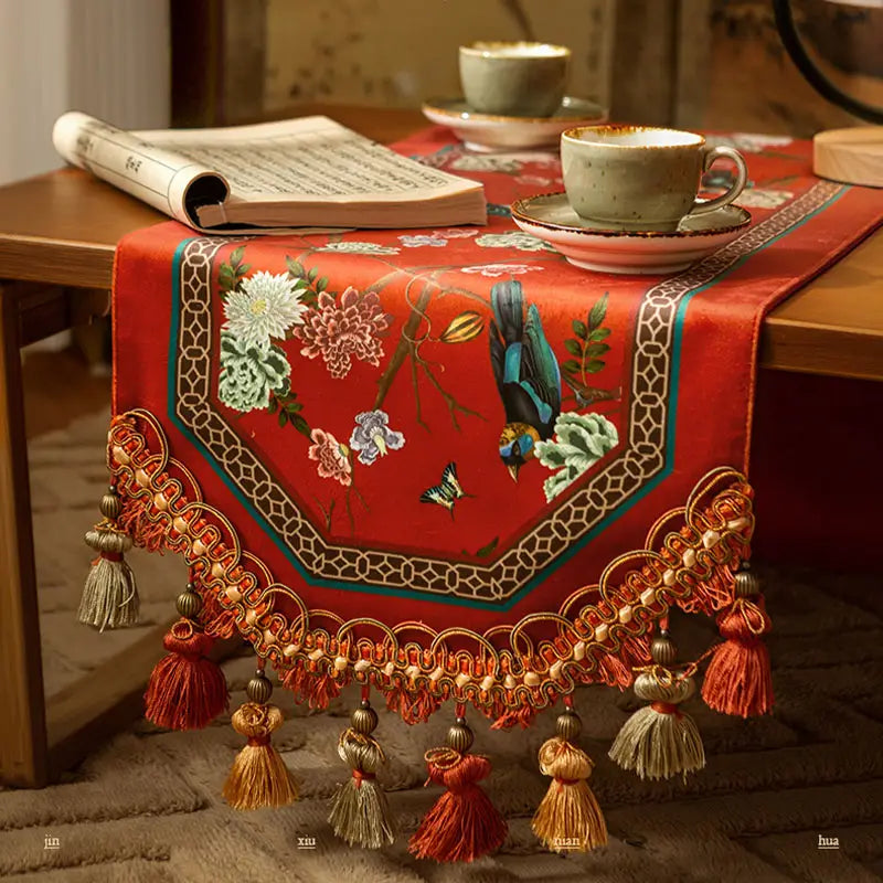 Chinoiserie Plush Festive Red Flower and Bird Table Runner