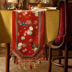 Chinoiserie Plush Festive Red Flower and Bird Table Runner