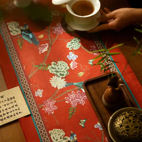 Chinoiserie Plush Festive Red Flower and Bird Table Runner