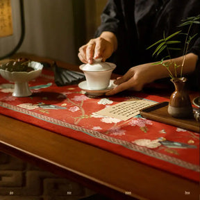 Chinoiserie Plush Festive Red Flower and Bird Table Runner