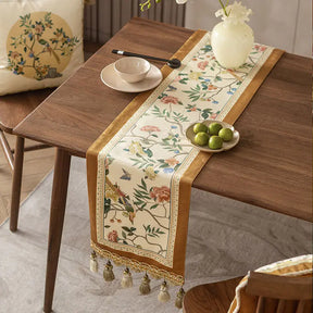 Chinoiserie Vintage Floral and Aviary Design Table Runner