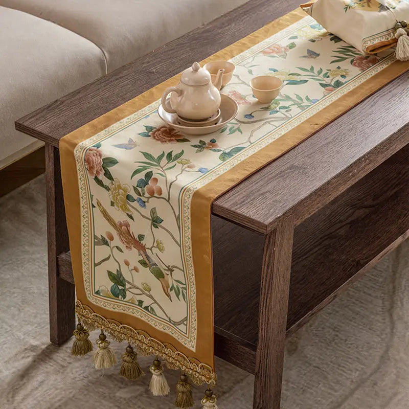 Chinoiserie Vintage Floral and Aviary Design Table Runner