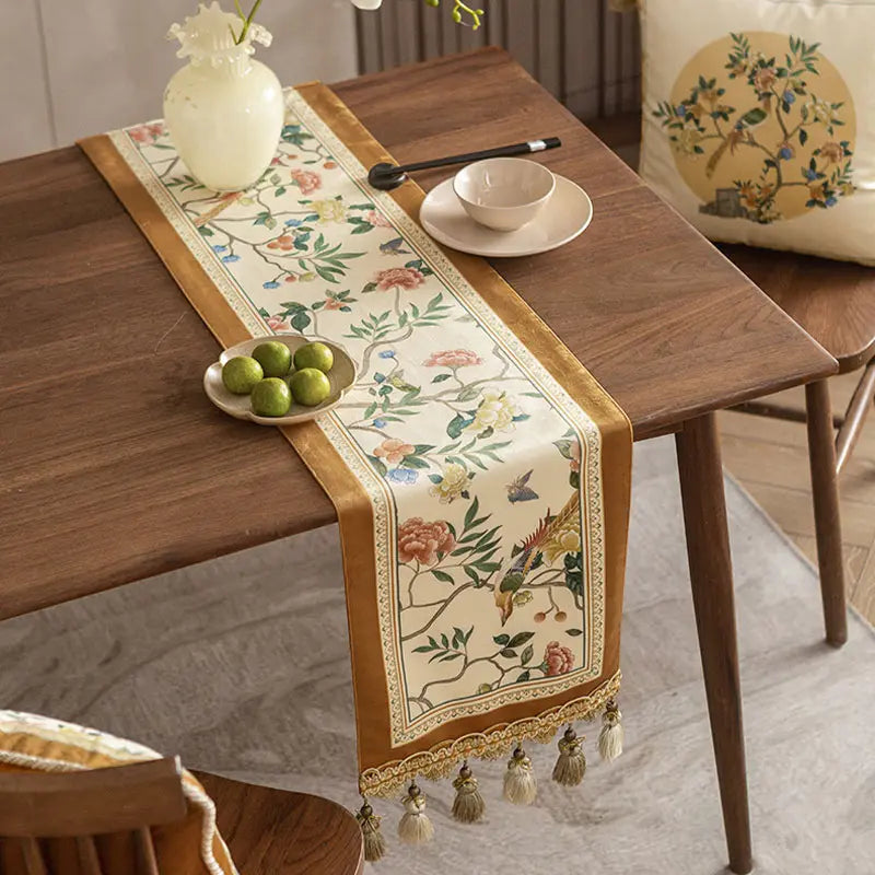 Chinoiserie Vintage Floral and Aviary Design Table Runner